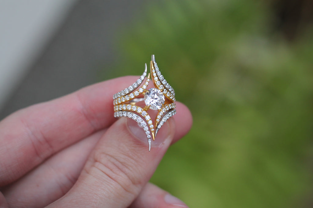 1 Carat Round Cut Center Diamond Two Color Spike Ring | 14k White & Yellow Gold | Statement Ring