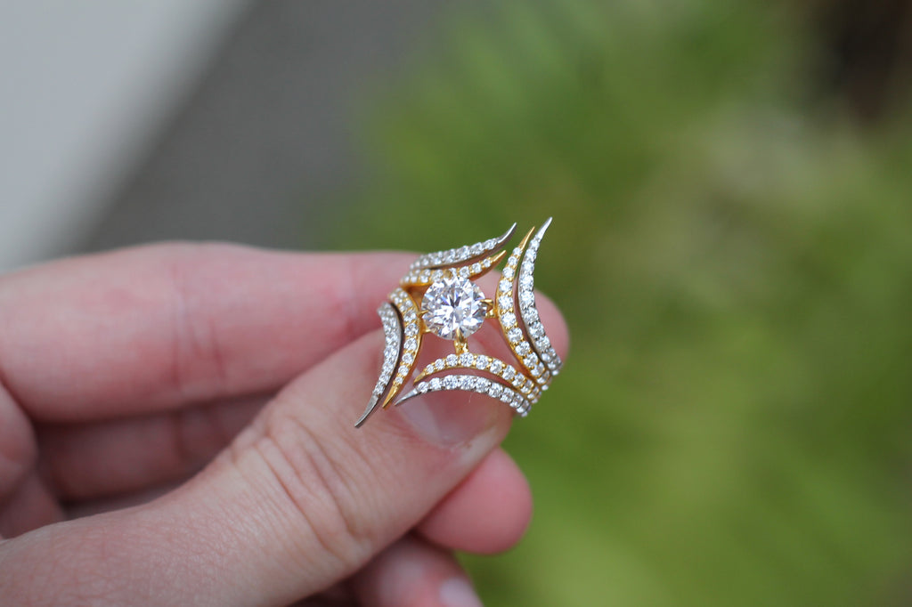 1 Carat Round Cut Center Diamond Two Color Spike Ring | 14k White & Yellow Gold | Statement Ring