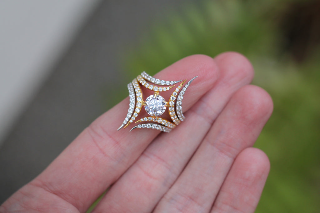 1 Carat Round Cut Center Diamond Two Color Spike Ring | 14k White & Yellow Gold | Statement Ring