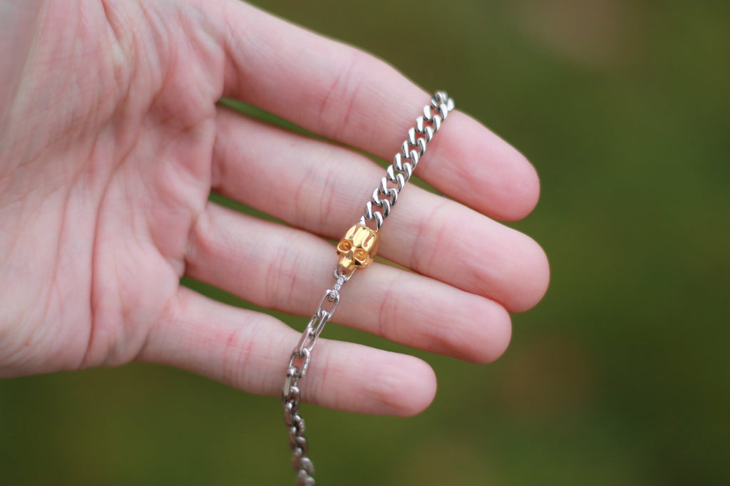 White & Yellow Gold Two Chain Skull Bracelet | 14k White & Yellow Gold