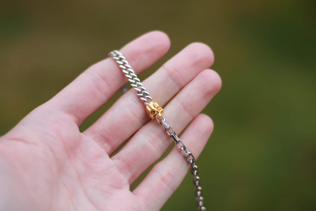 White & Yellow Gold Two Chain Skull Bracelet | 14k White & Yellow Gold