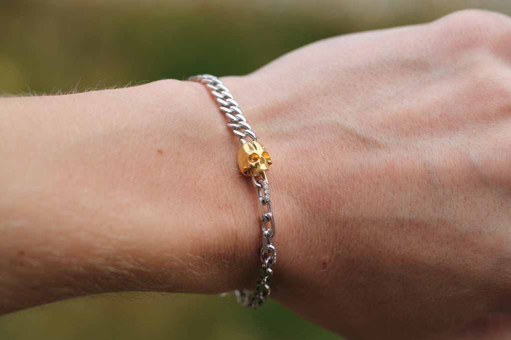 White & Yellow Gold Two Chain Skull Bracelet | 14k White & Yellow Gold