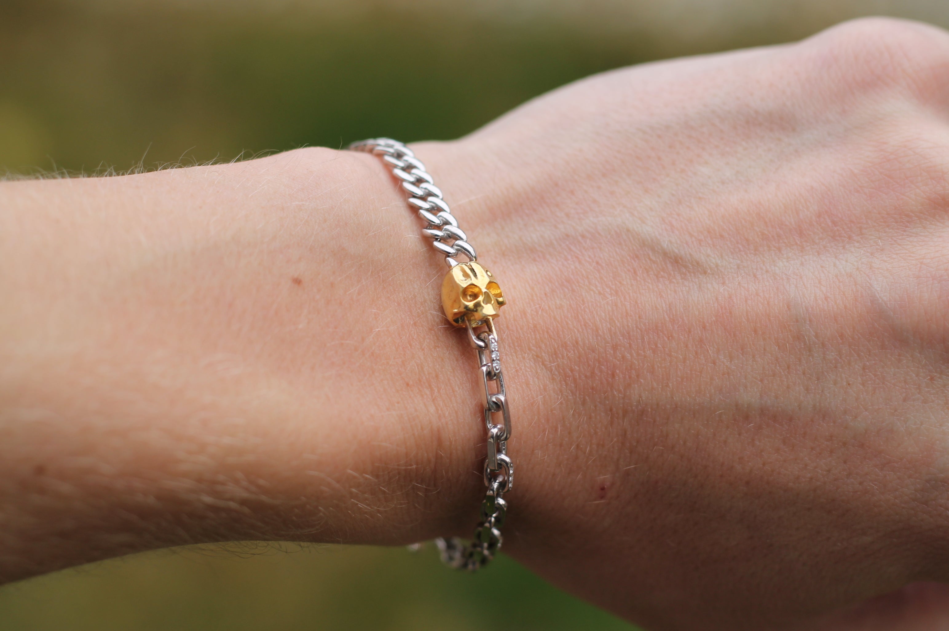 White & Yellow Gold Two Chain Skull Bracelet | 14k White & Yellow Gold