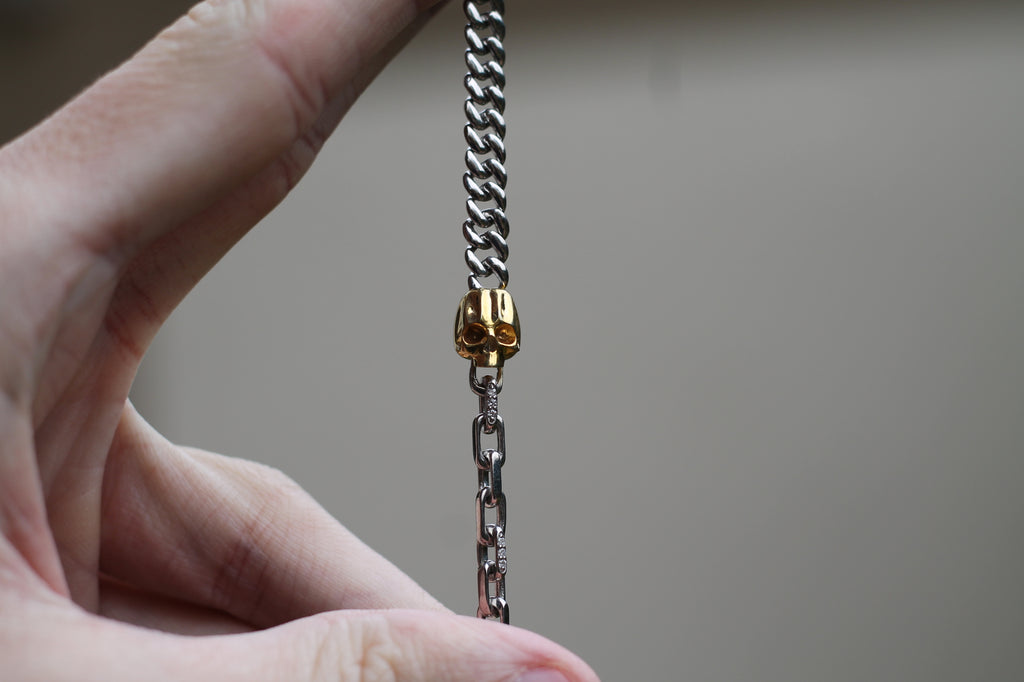 White & Yellow Gold Two Chain Skull Bracelet | 14k White & Yellow Gold