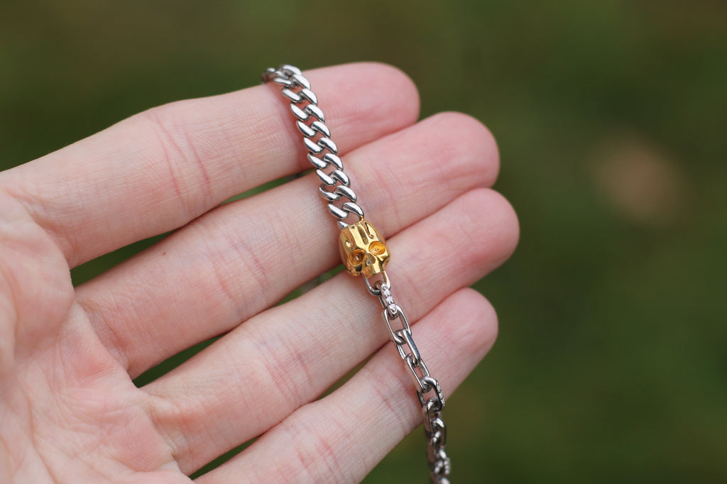 White & Yellow Gold Two Chain Skull Bracelet | 14k White & Yellow Gold