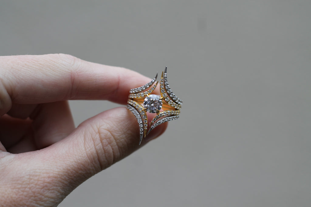 1 Carat Round Cut Center Diamond Two Color Spike Ring | 14k White & Yellow Gold | Statement Ring