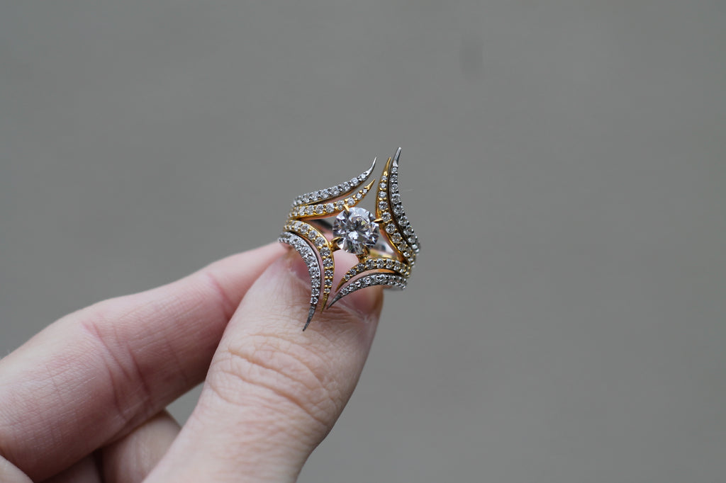 1 Carat Round Cut Center Diamond Two Color Spike Ring | 14k White & Yellow Gold | Statement Ring