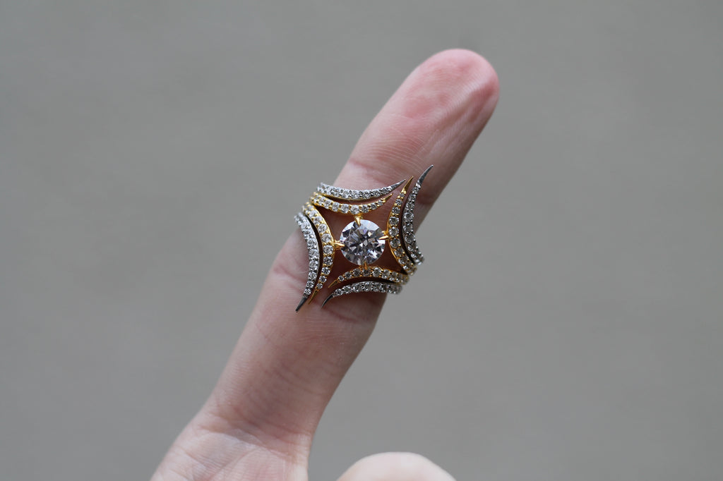 1 Carat Round Cut Center Diamond Two Color Spike Ring | 14k White & Yellow Gold | Statement Ring