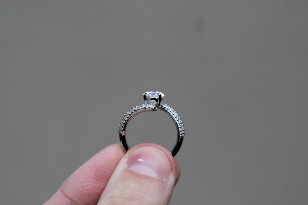 1 Carat Pear Cut Diamond Center Symmetric "Ghost" Hold Ring | 14k White Gold | Engagement Ring
