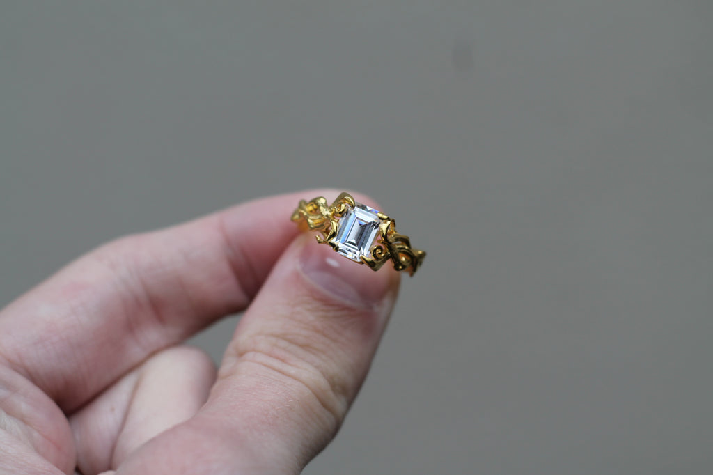 1 Carat Emerald Cut Diamond Tree Branch Ring | 14k Yellow Gold | Engagement Ring