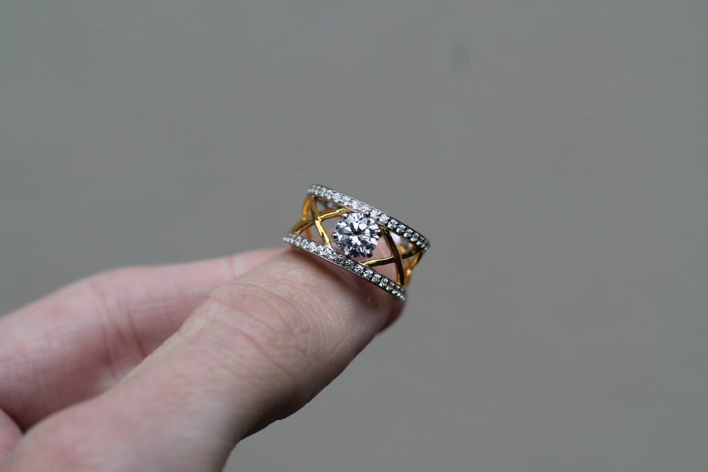 1 Carat Round Cut Center Diamond Two Color "Mesh" Ring | 14k White & Yellow Gold | Statement Engagement Ring