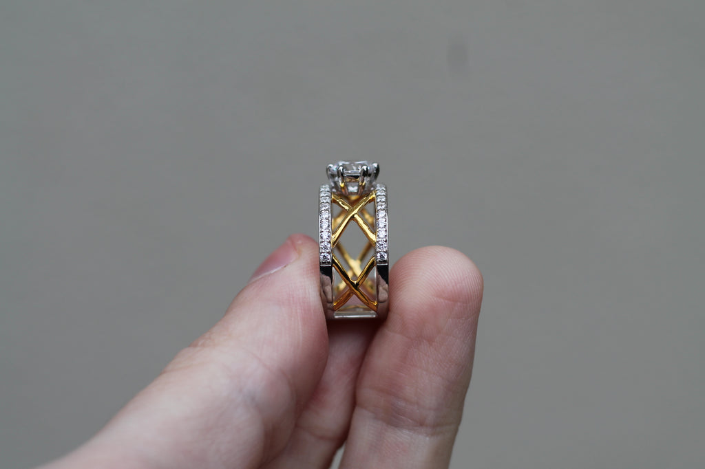1 Carat Round Cut Center Diamond Two Color "Mesh" Ring | 14k White & Yellow Gold | Statement Engagement Ring