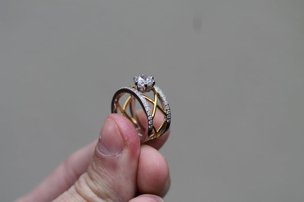 1 Carat Round Cut Center Diamond Two Color "Mesh" Ring | 14k White & Yellow Gold | Statement Engagement Ring