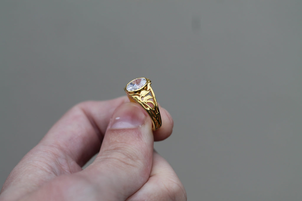 1 Carat Oval Cut Diamond "Forest" Ring | 14k Yellow Gold | Engagement Signet Style Ring