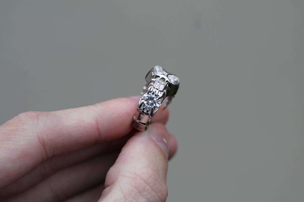 1 Carat Round Diamond Screaming Skull Ring | 14k White Gold | Statement Ring