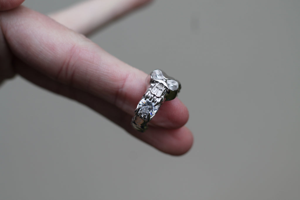 1 Carat Round Diamond Screaming Skull Ring | 14k White Gold | Statement Ring