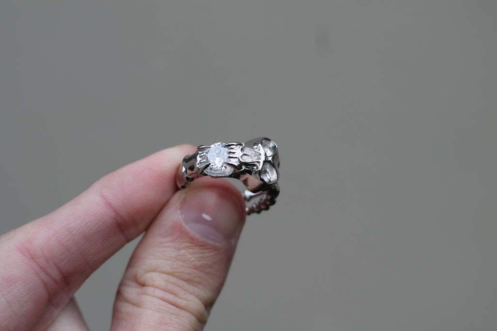 1 Carat Round Diamond Screaming Skull Ring | 14k White Gold | Statement Ring