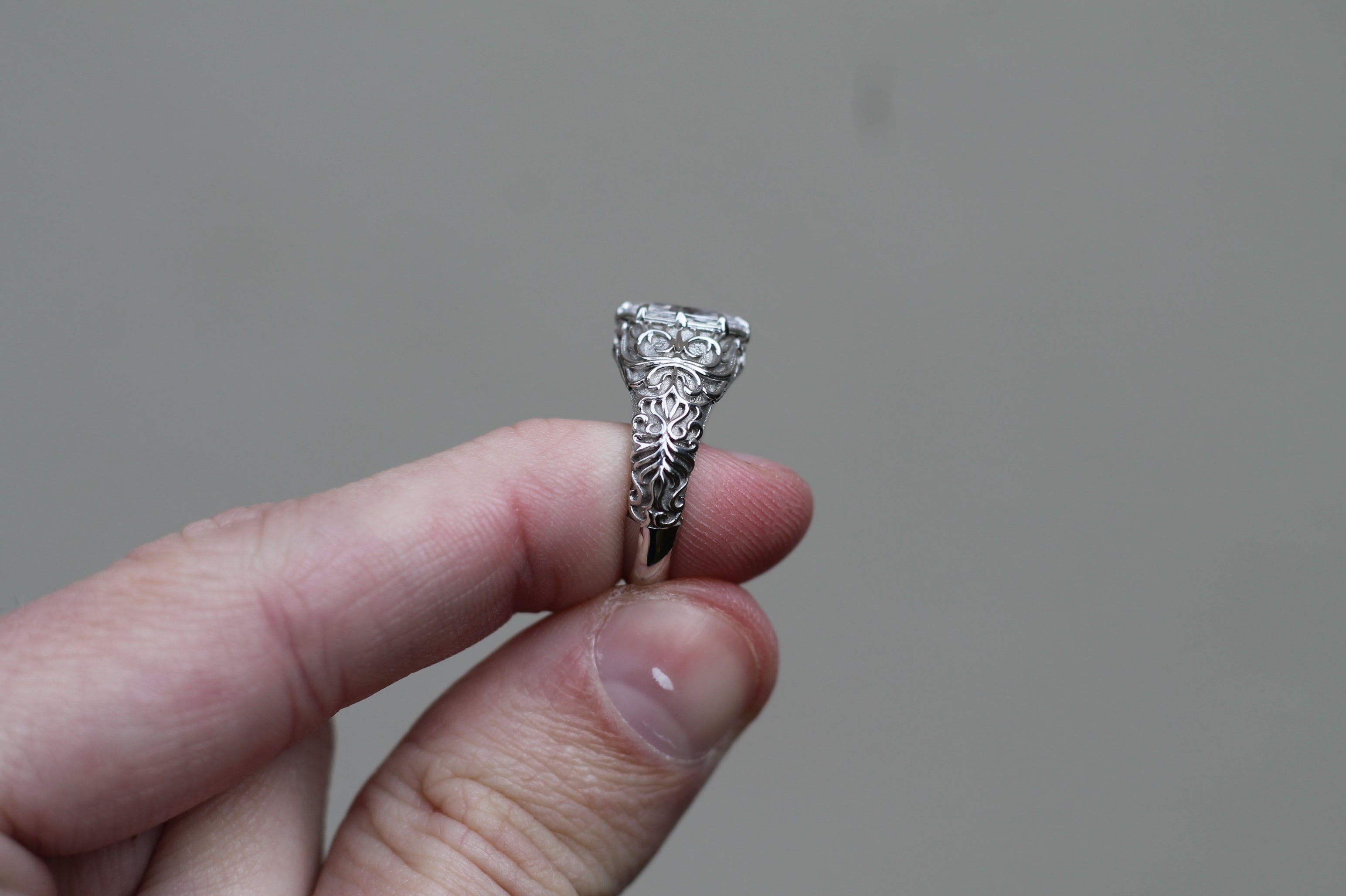 1 Carat Oval Cut Diamond Pattern Ring | 14k White Gold | Engagement Signet Style Ring
