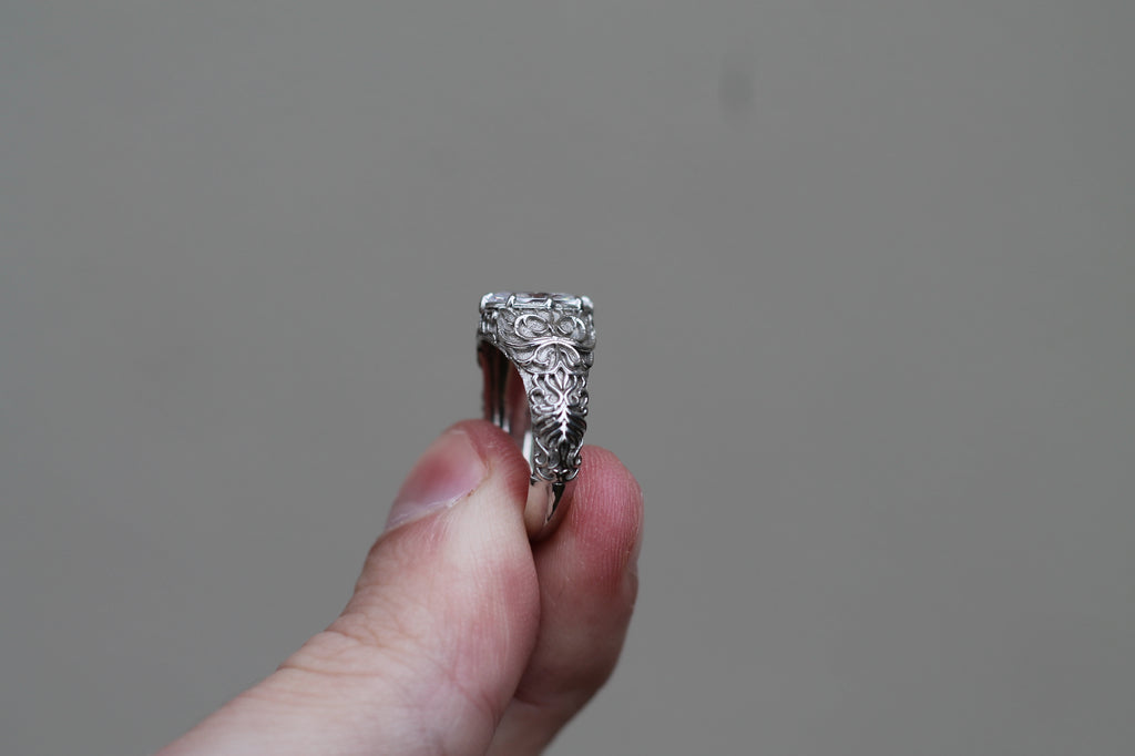 1 Carat Oval Cut Diamond Pattern Ring | 14k White Gold | Engagement Signet Style Ring