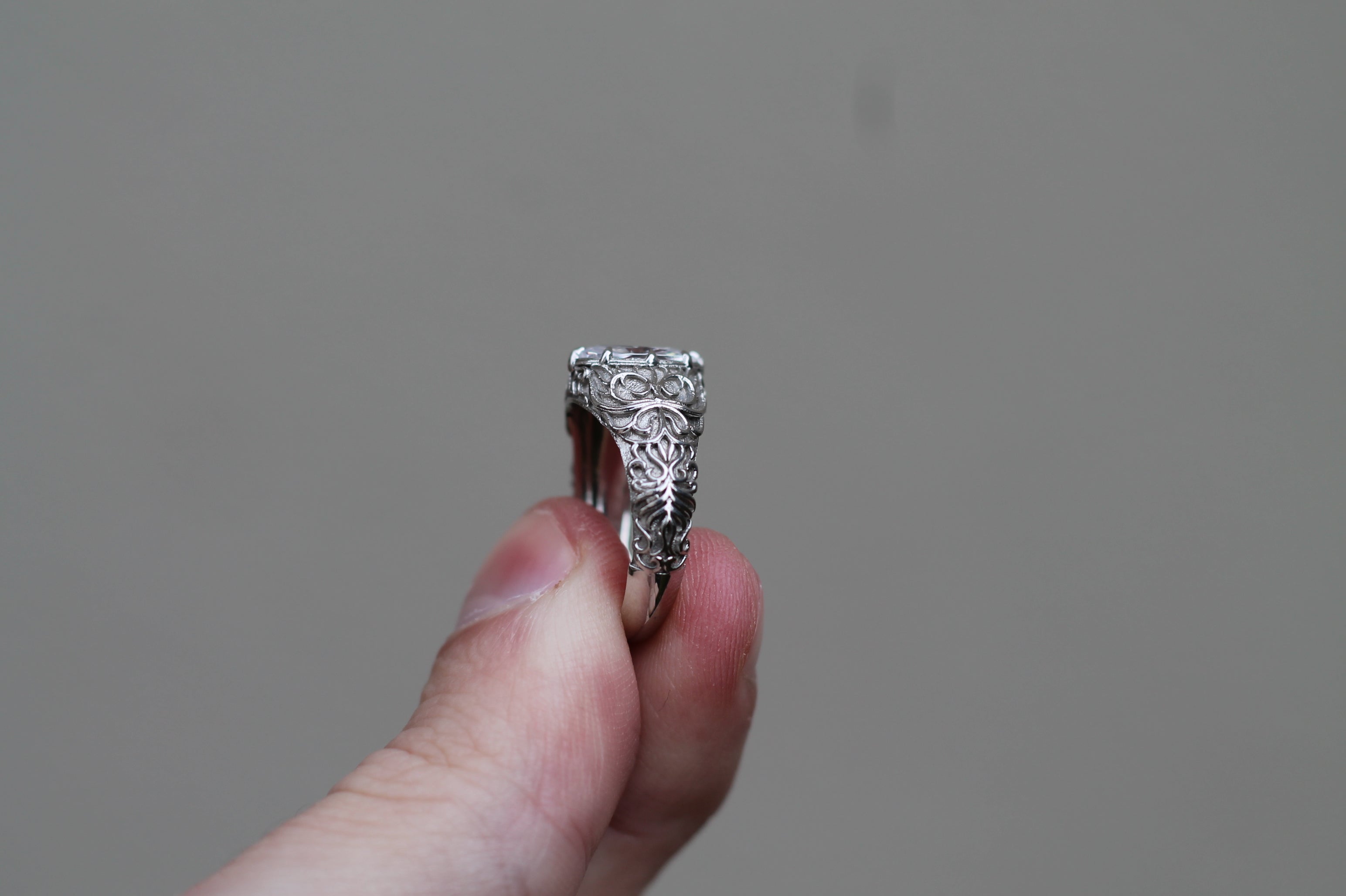 1 Carat Oval Cut Diamond Pattern Ring | 14k White Gold | Engagement Signet Style Ring