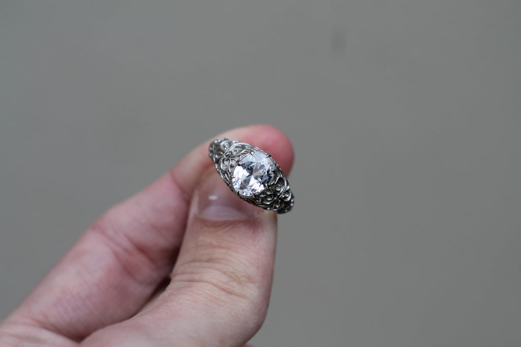 1 Carat Oval Cut Diamond Pattern Ring | 14k White Gold | Engagement Signet Style Ring