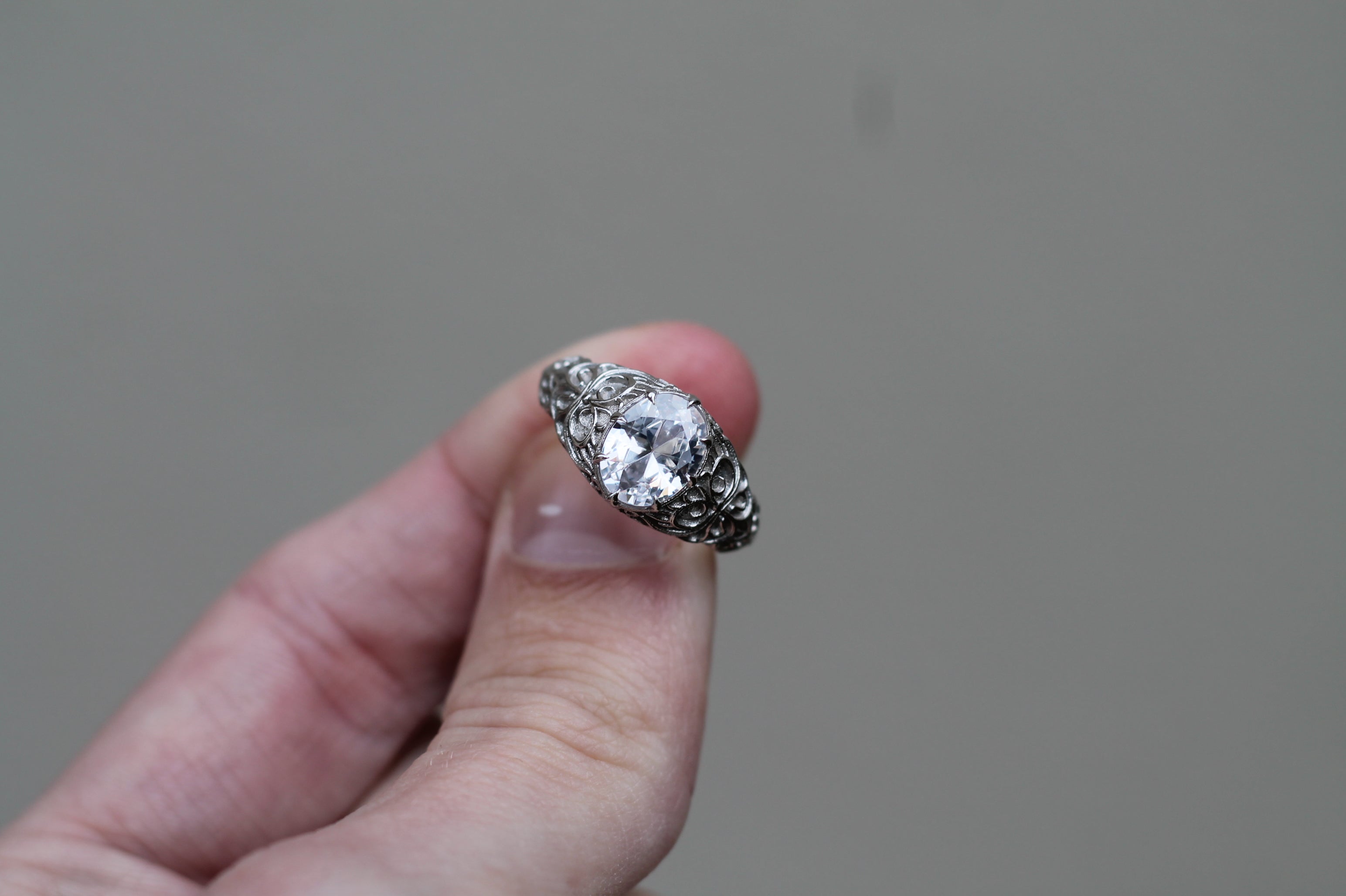 1 Carat Oval Cut Diamond Pattern Ring | 14k White Gold | Engagement Signet Style Ring