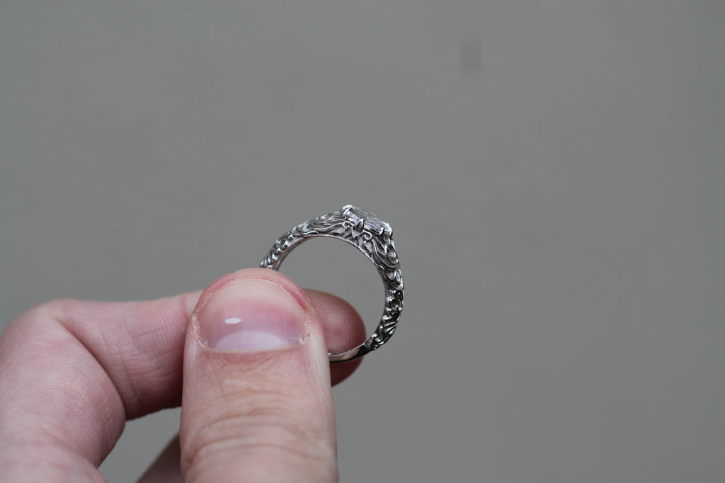 1 Carat Oval Cut Diamond Pattern Ring | 14k White Gold | Engagement Signet Style Ring