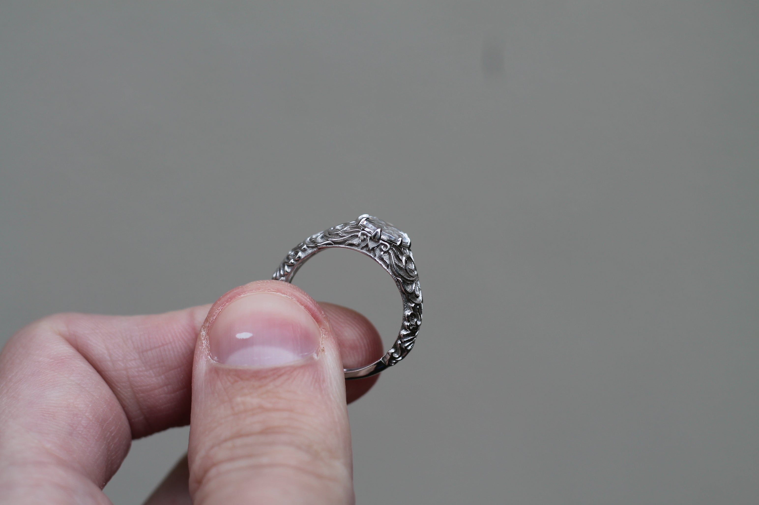 1 Carat Oval Cut Diamond Pattern Ring | 14k White Gold | Engagement Signet Style Ring