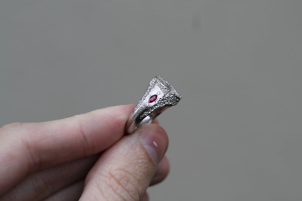 1 Carat Oval Cut Diamond Eroded Ring | 14k White Gold | Signet Ring
