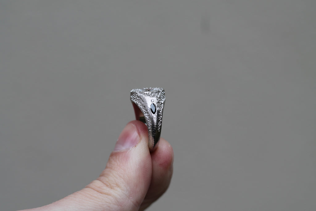 1 Carat Oval Cut Diamond Eroded Ring | 14k White Gold | Signet Ring