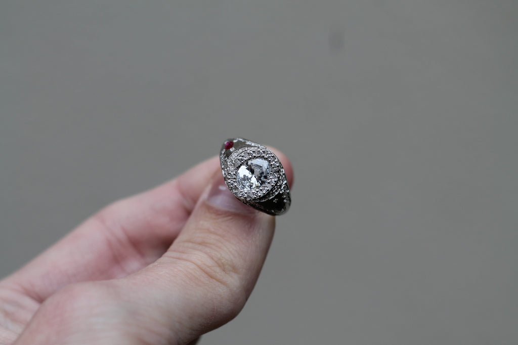 1 Carat Oval Cut Diamond Eroded Ring | 14k White Gold | Signet Ring