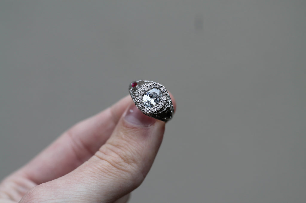 1 Carat Oval Cut Diamond Eroded Ring | 14k White Gold | Signet Ring