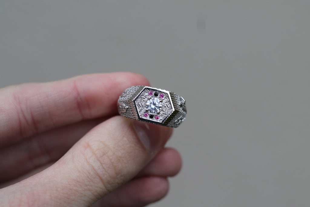 1 Carat Round Diamond "Knight" Ring | 14k White Gold | Statement Ring