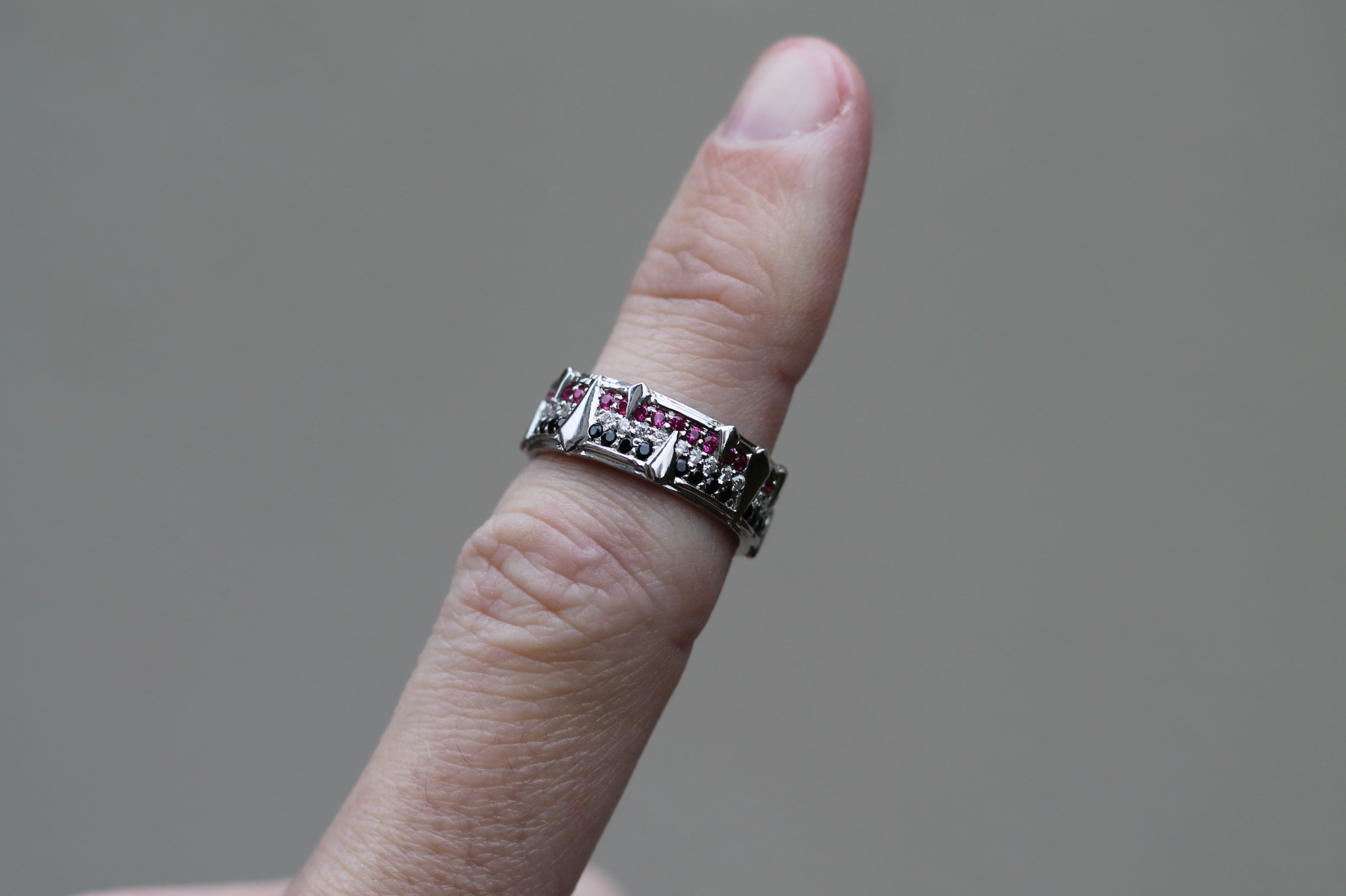 Ruby & Diamond Triple Color Spike Band Ring | 14k White Gold | Wedding Band