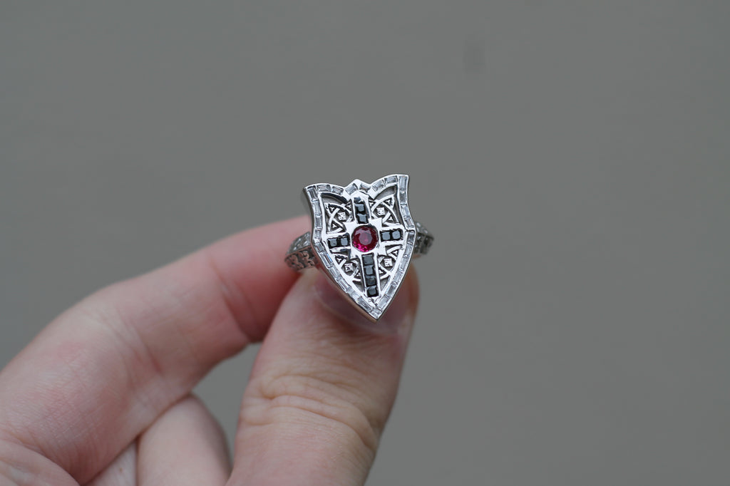 Ruby & Diamond Shield Ring | 14k White Gold | Statement Ring