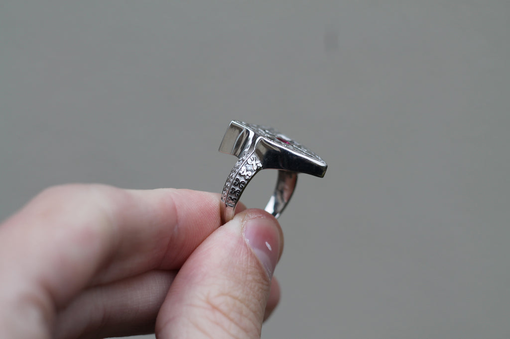 Ruby & Diamond Shield Ring | 14k White Gold | Statement Ring