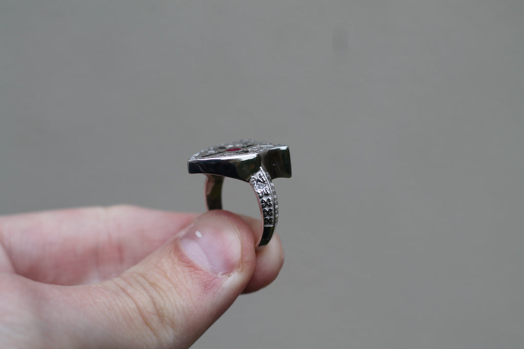 Ruby & Diamond Shield Ring | 14k White Gold | Statement Ring