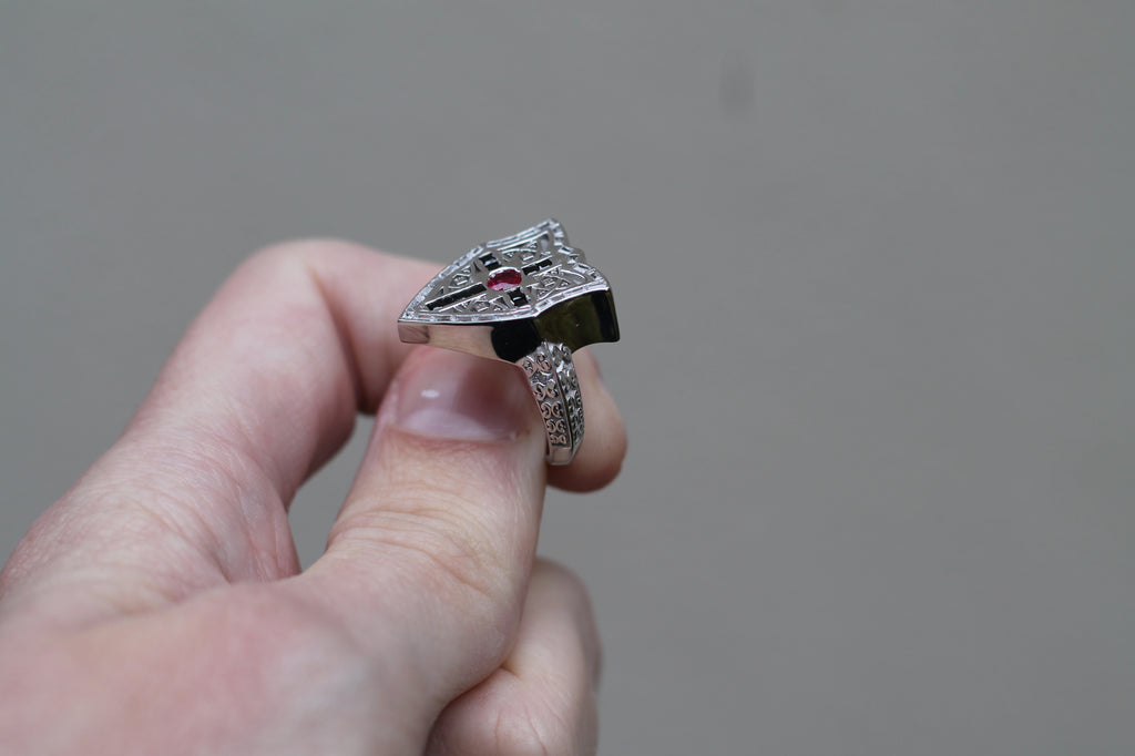 Ruby & Diamond Shield Ring | 14k White Gold | Statement Ring