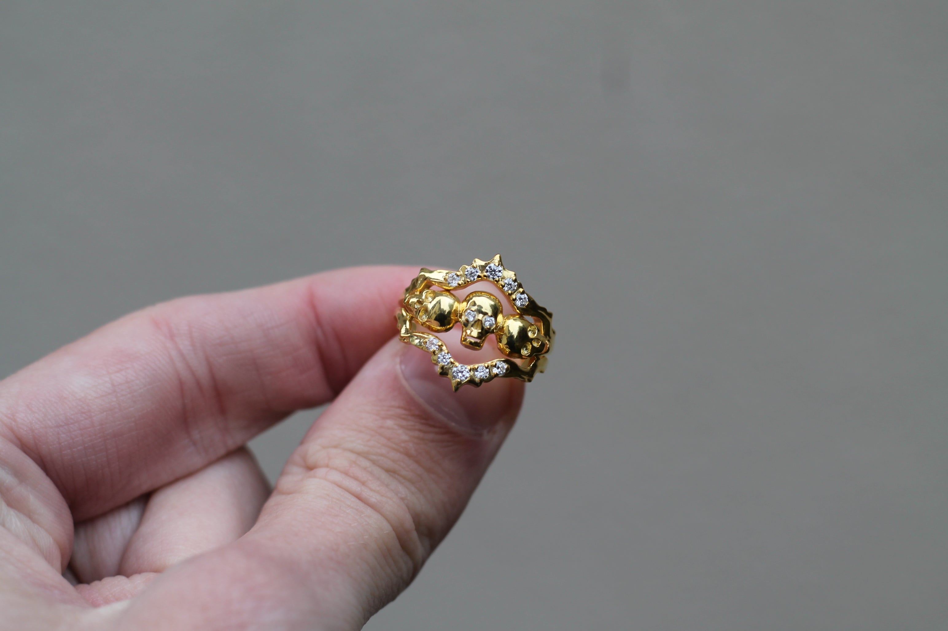 14k Yellow Gold Triple Skull Ring | Statement Ring