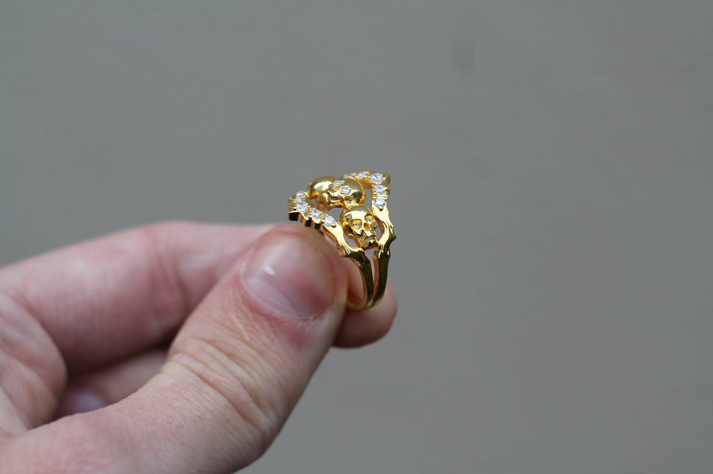 14k Yellow Gold Triple Skull Ring | Statement Ring