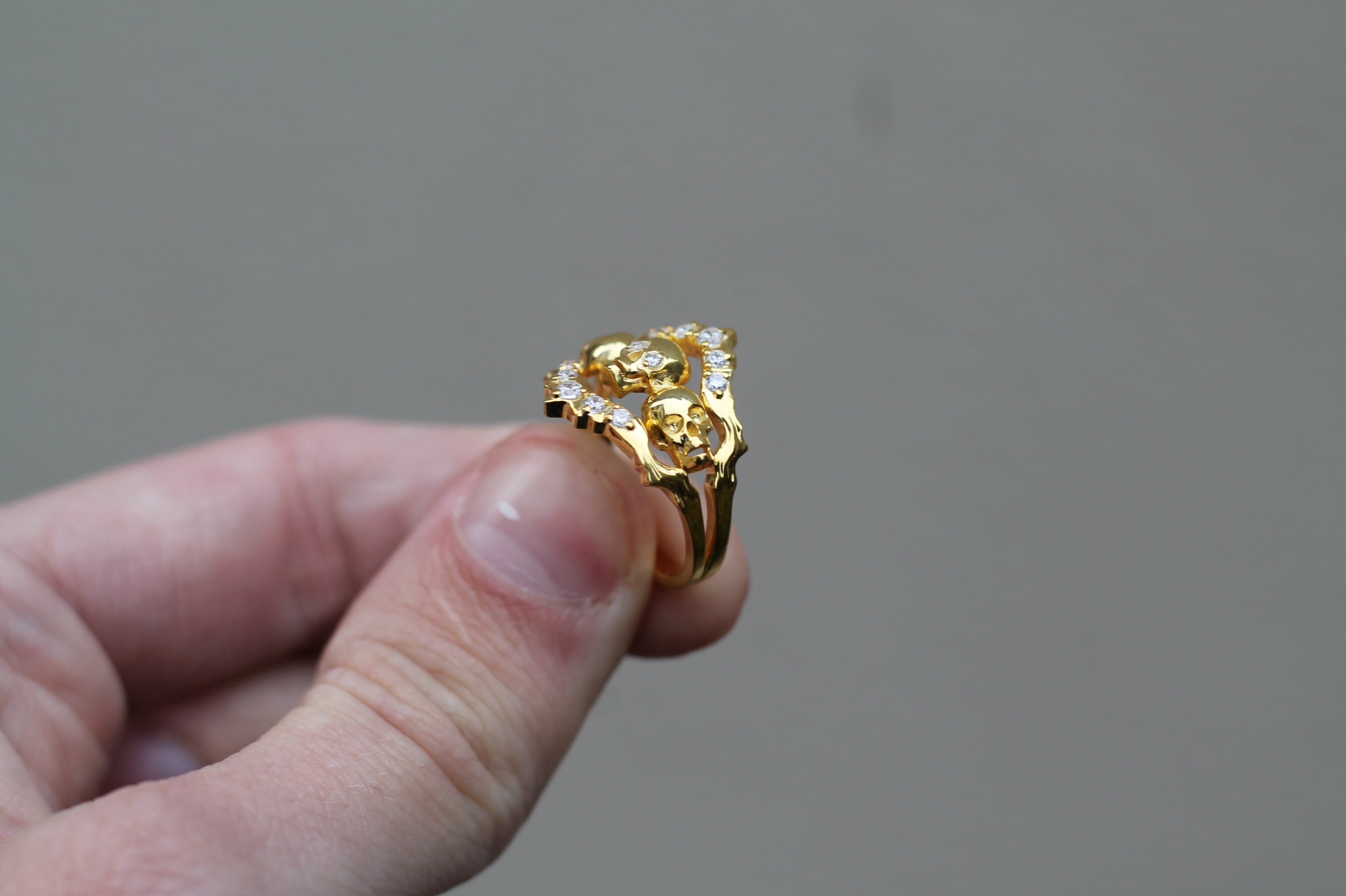 14k Yellow Gold Triple Skull Ring | Statement Ring