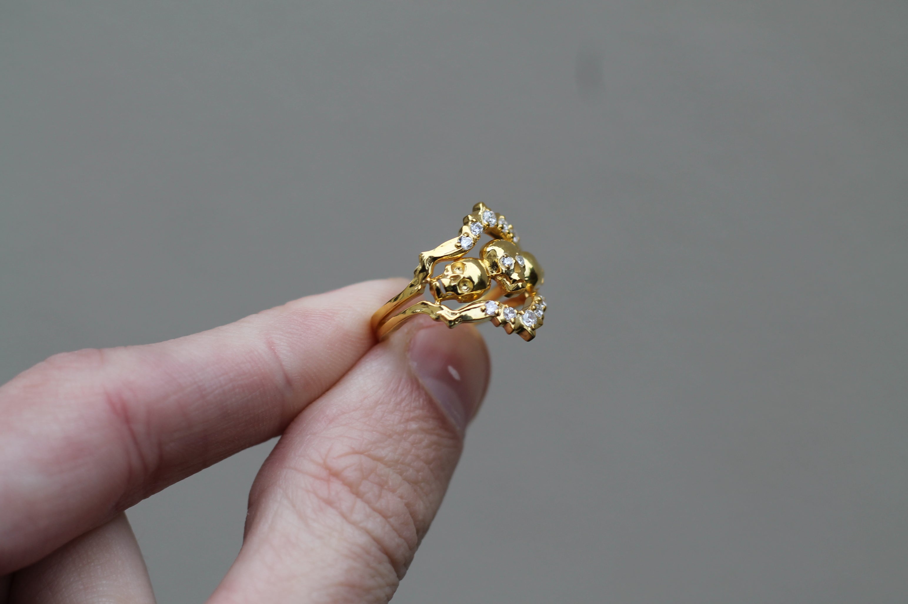 14k Yellow Gold Triple Skull Ring | Statement Ring