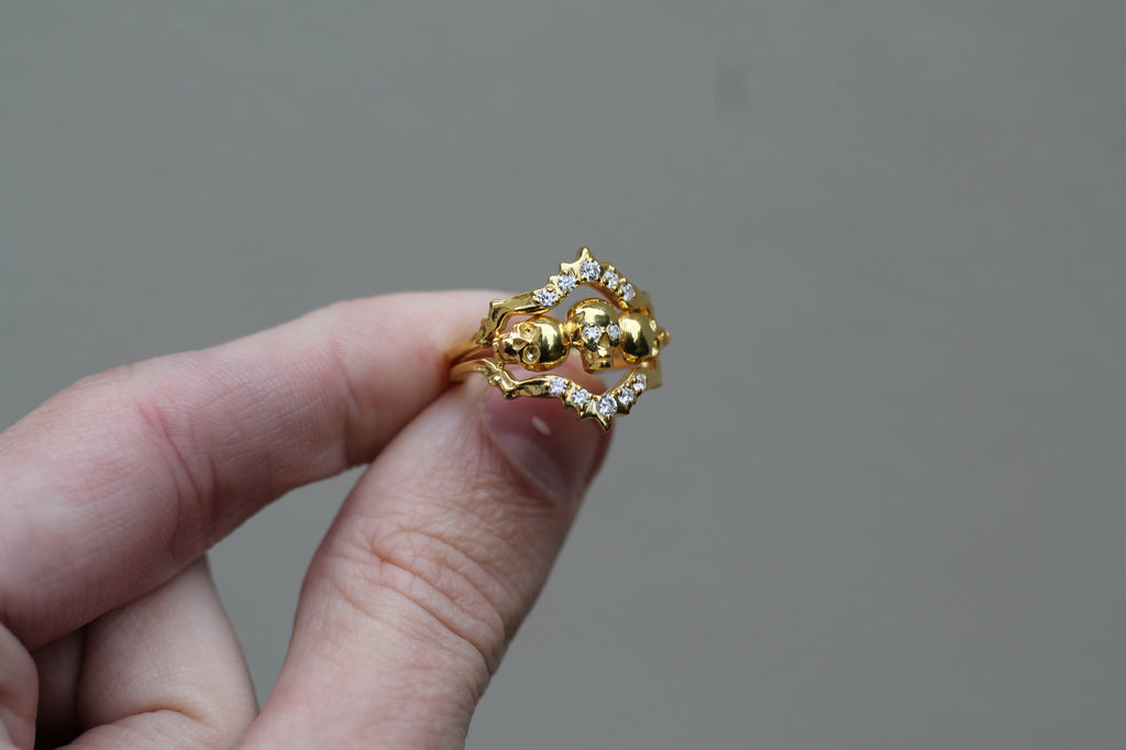 14k Yellow Gold Triple Skull Ring | Statement Ring