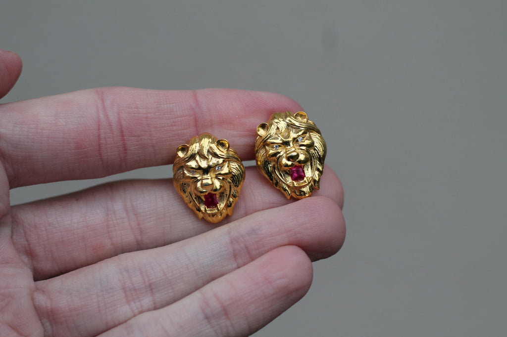 Diamond & Ruby Lion Earrings | 14k Yellow Gold