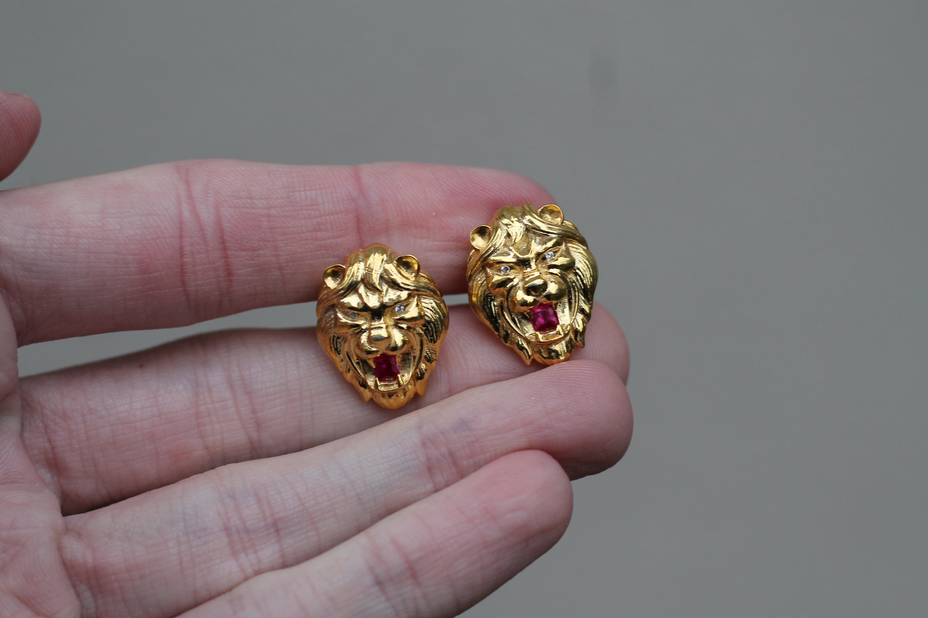 Diamond & Ruby Lion Earrings | 14k Yellow Gold