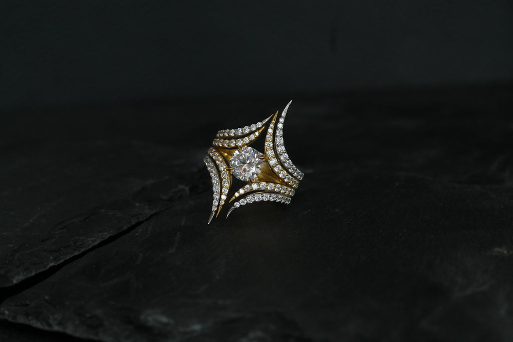 1 Carat Round Cut Center Diamond Two Color Spike Ring | 14k White & Yellow Gold | Statement Ring