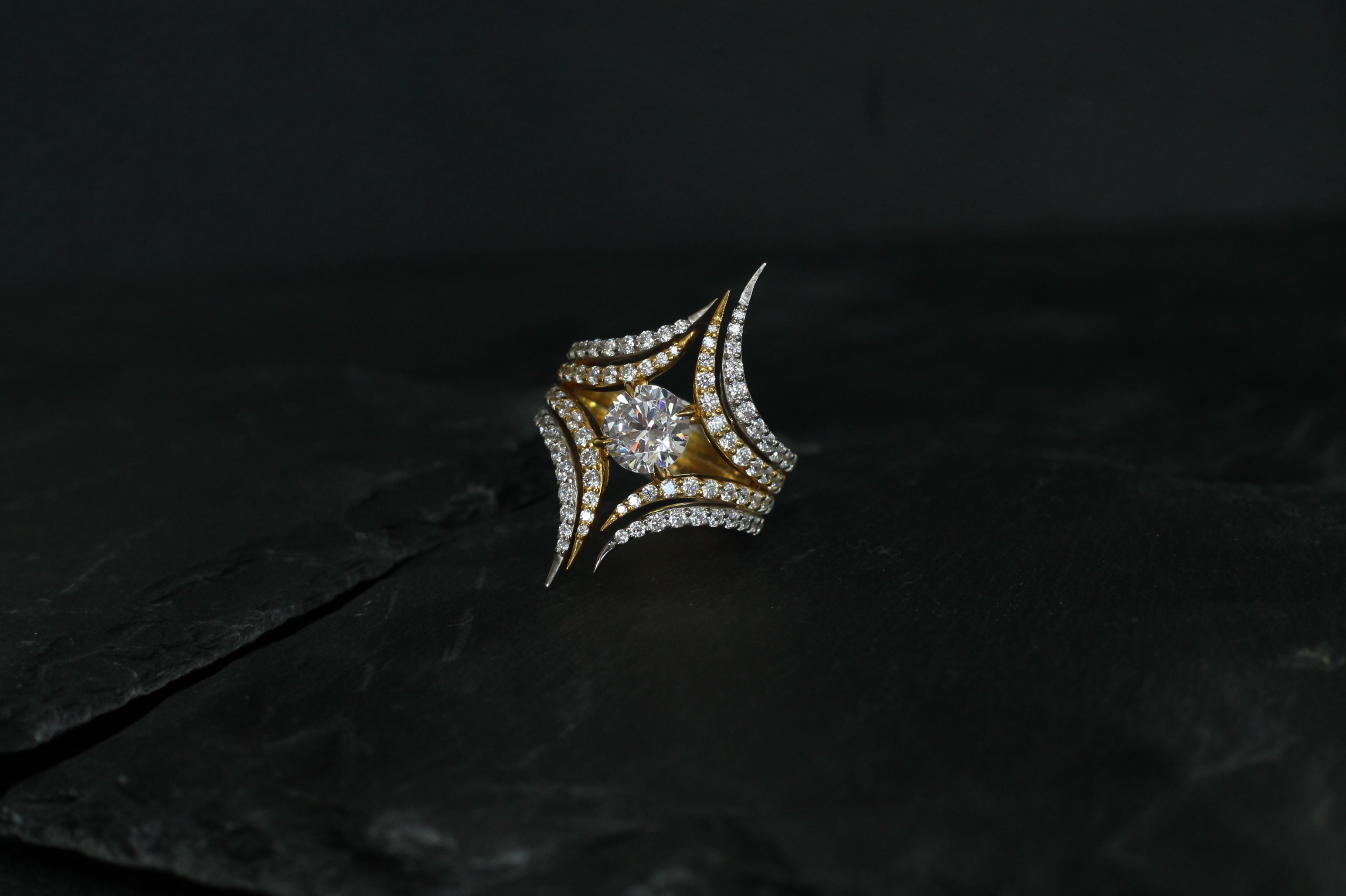 1 Carat Round Cut Center Diamond Two Color Spike Ring | 14k White & Yellow Gold | Statement Ring