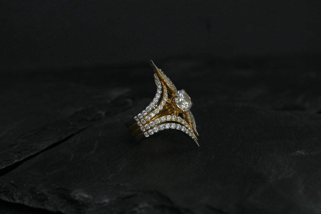 1 Carat Round Cut Center Diamond Two Color Spike Ring | 14k White & Yellow Gold | Statement Ring