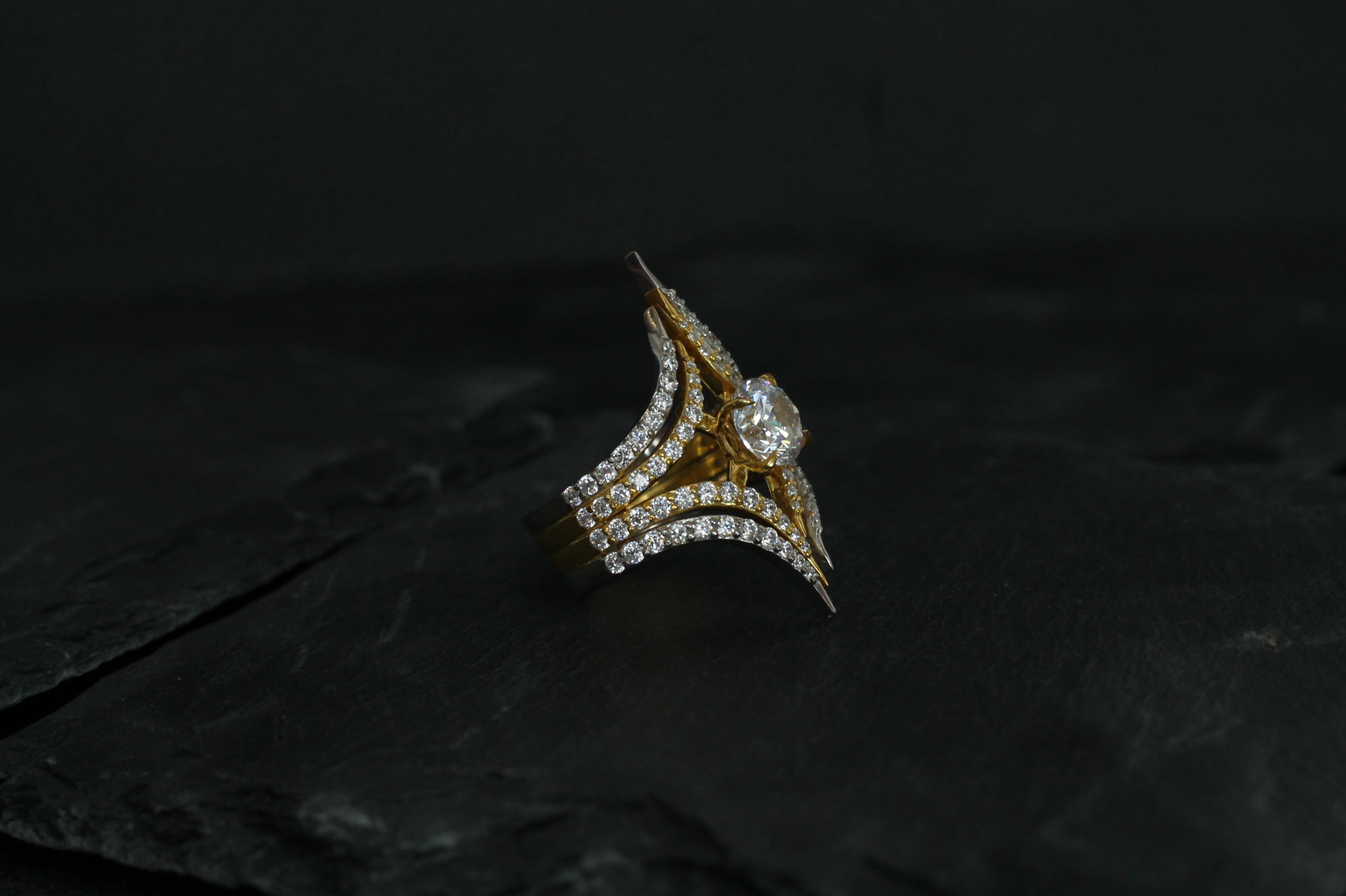 1 Carat Round Cut Center Diamond Two Color Spike Ring | 14k White & Yellow Gold | Statement Ring