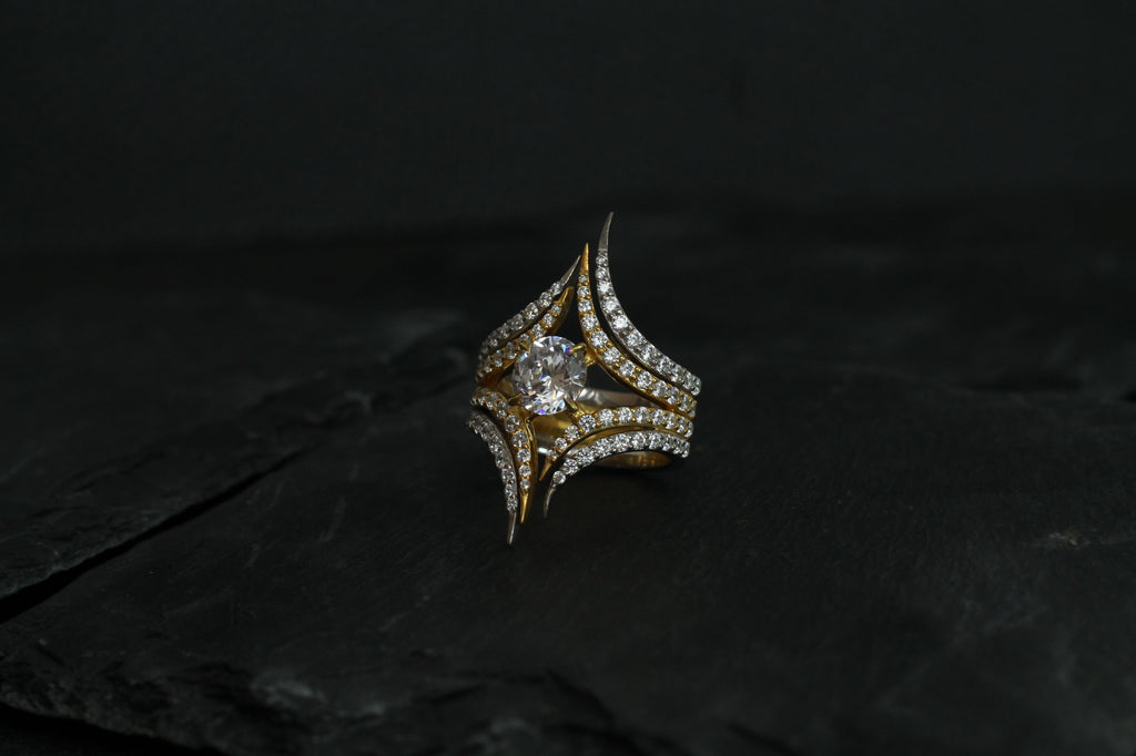 1 Carat Round Cut Center Diamond Two Color Spike Ring | 14k White & Yellow Gold | Statement Ring